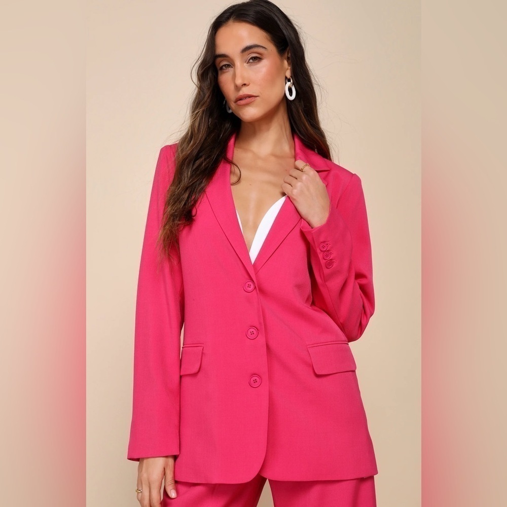 Lulus Bold Poise Hot Pink Button Front Blazer Large